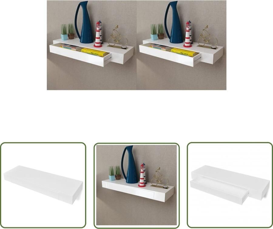 The Living Store Wandplanken zwevend met lades 2 st 80 cm wit Wandplank Hangplank Mdf Plank Wit Meubilair Opbergplank