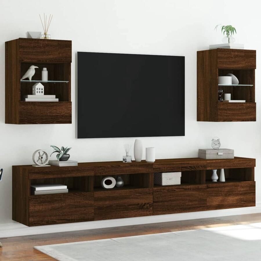 VidaXL Zwevende Tv Kast Tv Wandmeubel Wandkasten met LED-verlichting voor tv 2 st 40x30x60 5 cm bruin eikenkleur Led Tv Stand Houten Tv Kast Bruine Eiken Tv Kast - Foto 2