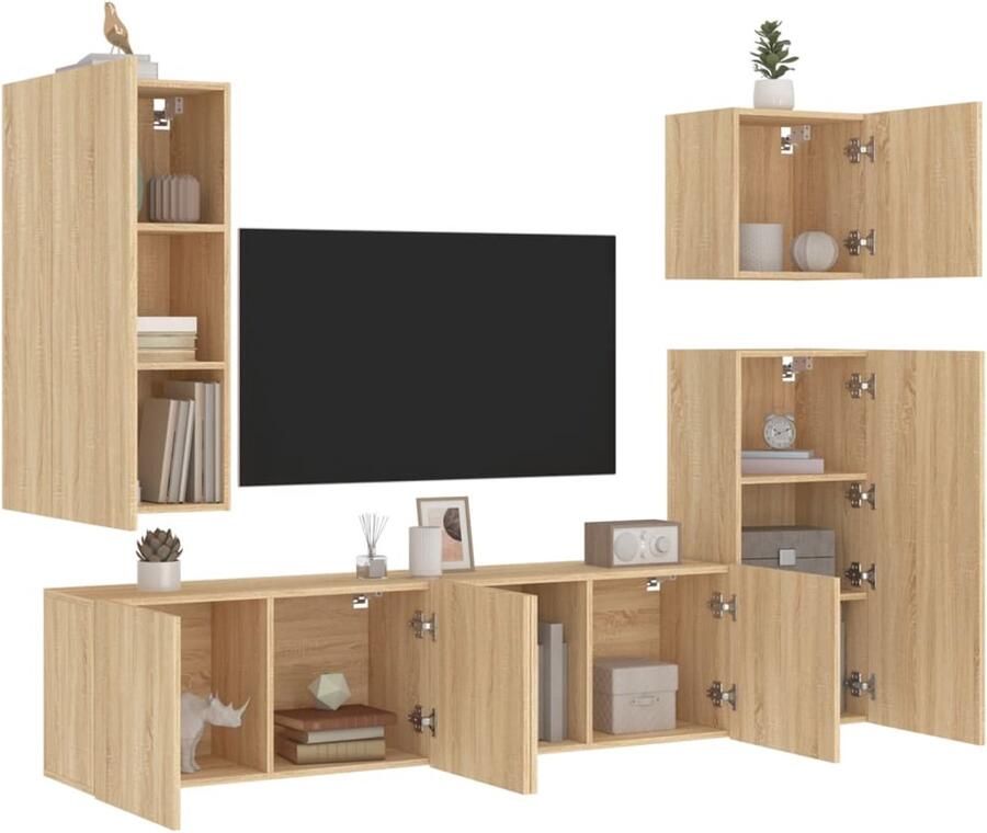 The Living Store 5-delige Tv-wandmeubelset bewerkt hout sonoma eikenkleurig Tv-kast Zwevende Tv-unit Tv-meubel Salontafel Woonaccessoires