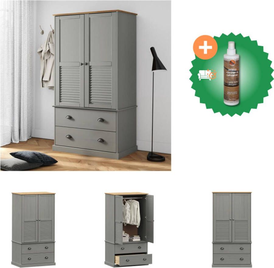 VidaXL VIGO Kledingkast 90 x 55 x 176 cm Massief grenenhout Grijs Kast Inclusief Houtreiniger en verfrisser