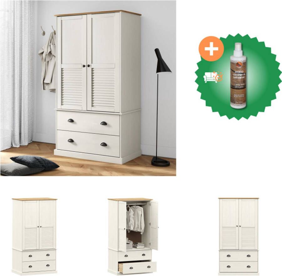 VidaXL VIGO Kledingkast 90 x 55 x 176 cm Massief grenenhout Wit Kast Inclusief Houtreiniger en verfrisser