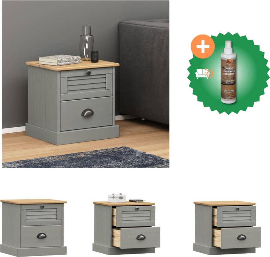 VidaXL VIGO Nachtkastje Grijs 42 x 35 x 40 cm Massief grenenhout Kast Inclusief Houtreiniger en verfrisser