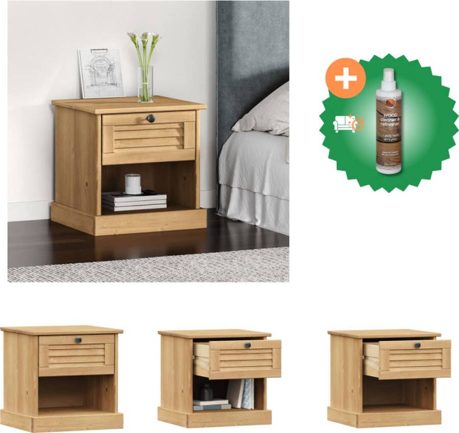 VidaXL VIGO Nachtkastje Massief Grenenhout 42 x 35 x 40 cm Met lade en vak Luikenontwerp Montage vereist Kast Inclusief Houtreiniger en verfrisser