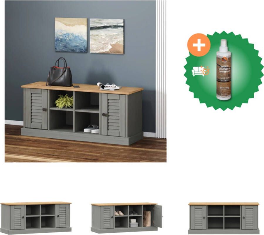 VidaXL VIGO Schoenenbank Massief grenenhout Grijs 106 x 35 x 40 cm Metalen knoppen Hocker Inclusief Houtreiniger en verfrisser