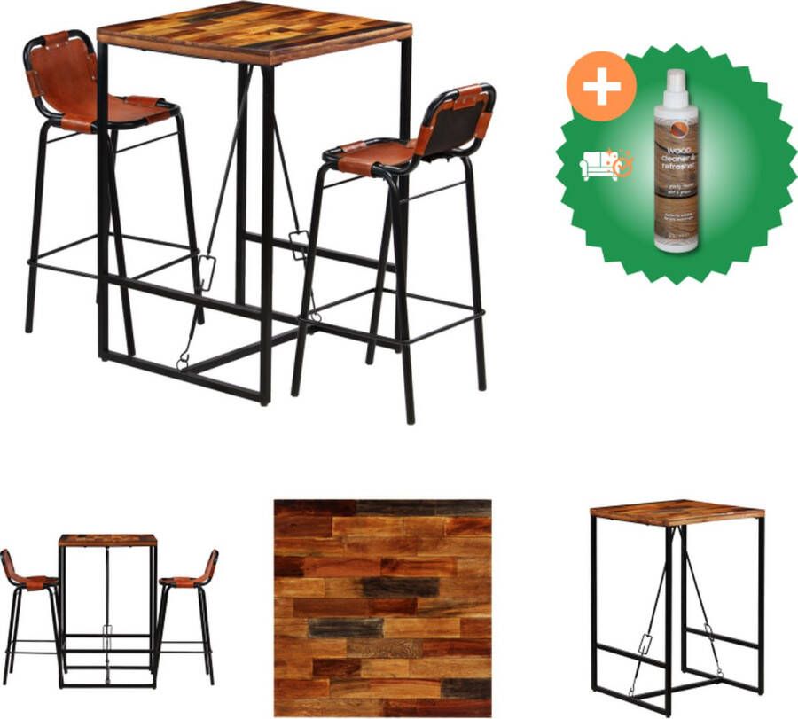 VidaXL Vintage bartafel en barstoelen massief gerecycled hout geitenleer 70x70x106 cm industrieel Set tafel en stoelen Inclusief Houtreiniger en verfrisser
