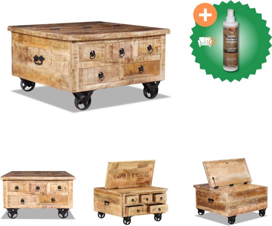 VidaXL Vintage salontafel industriële stijl mangohout 70 x 70 x 40 cm 5 lades 4 wielen Tafel Inclusief Houtreiniger en verfrisser
