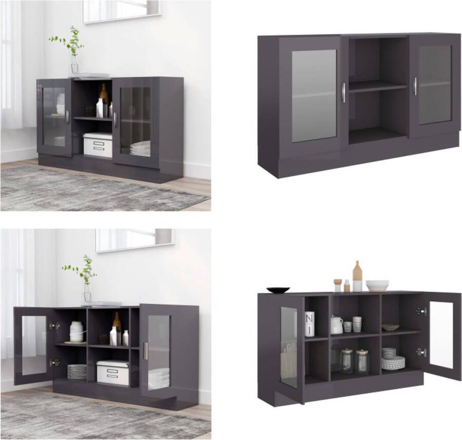 VidaXL Vitrinekast 120x30-5x70 cm spaanplaat hoogglans grijs Vitrine Vitrines Dressoir Dressoirs