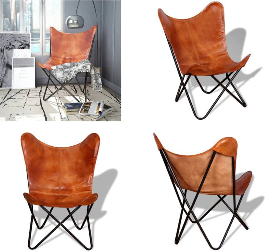VidaXL Vlinderstoel echt leer bruin Vlinderstoel Vlinderstoelen Fauteuil Fauteuils