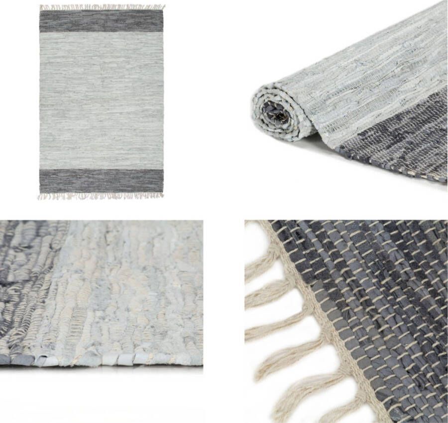 VidaXL Vloerkleed chindi handgeweven 120x170 cm leer grijs Tapijt Tapijten Kleed Kleden