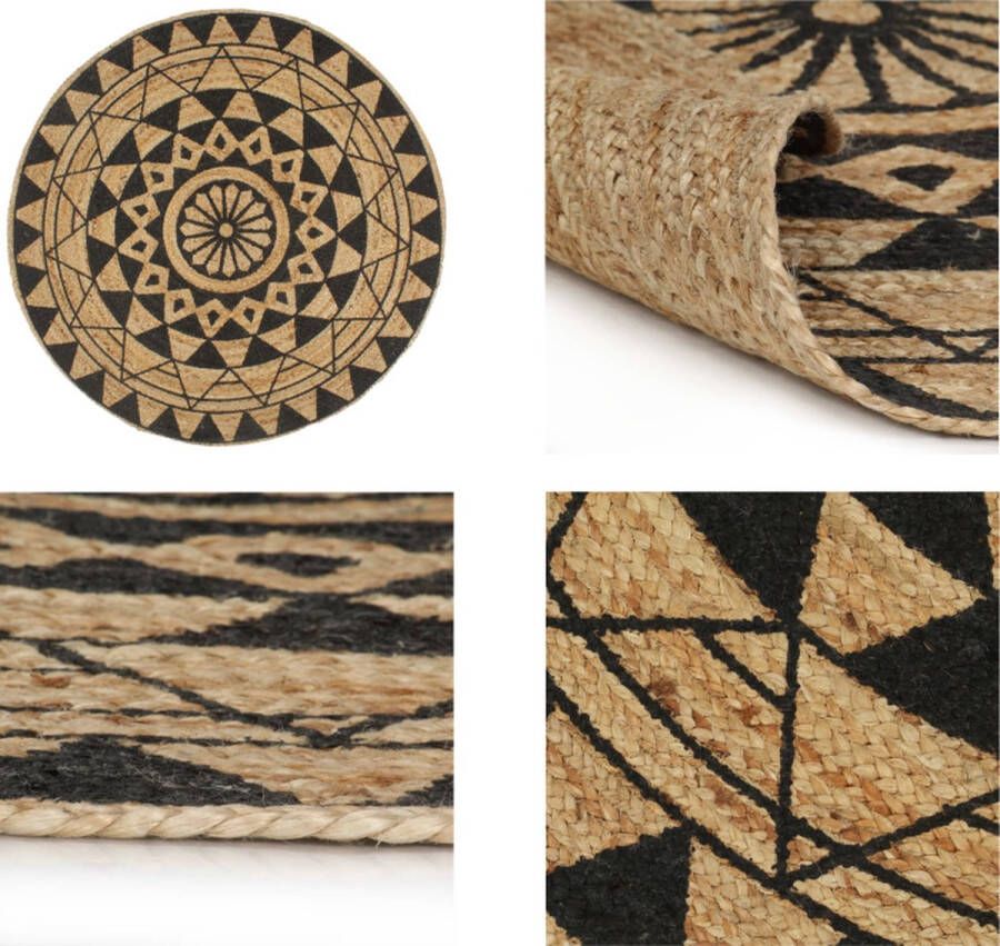 VidaXL Vloerkleed handgemaakt met zwarte print 120 cm jute Tapijt Tapijten Kleed Kleden