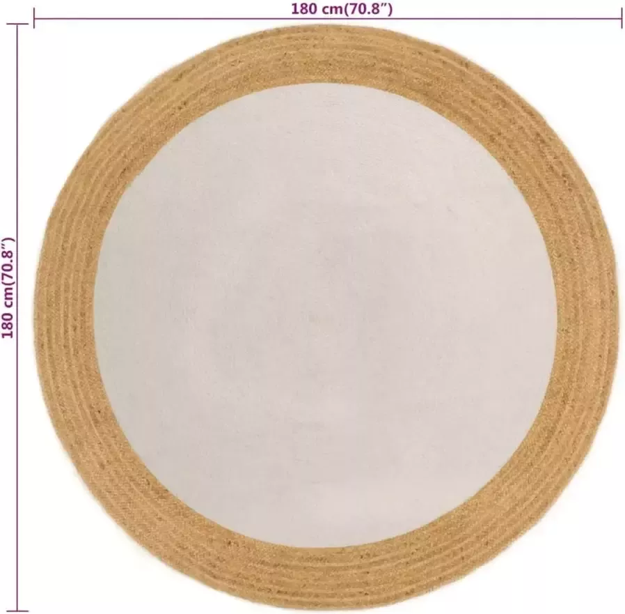 VidaXL -Vloerkleed-rond-gevlochten-180-cm-jute-en-katoen-wit-en-naturel
