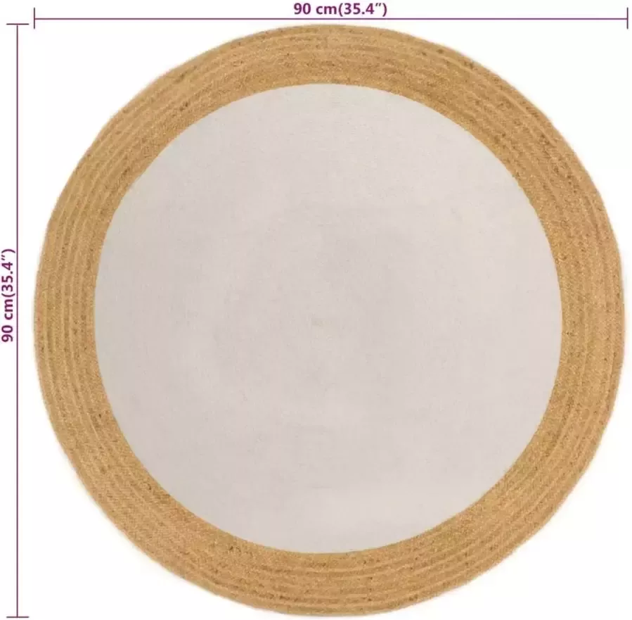 VidaXL -Vloerkleed-rond-gevlochten-90-cm-jute-en-katoen-wit-en-naturel