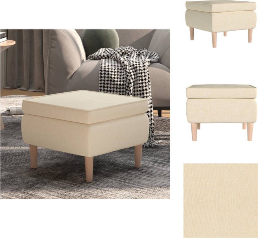 VidaXL Voetenbank Crème Stof Rubberwood 55 x 54.5 x 42 cm Ronde houten poten Krukje
