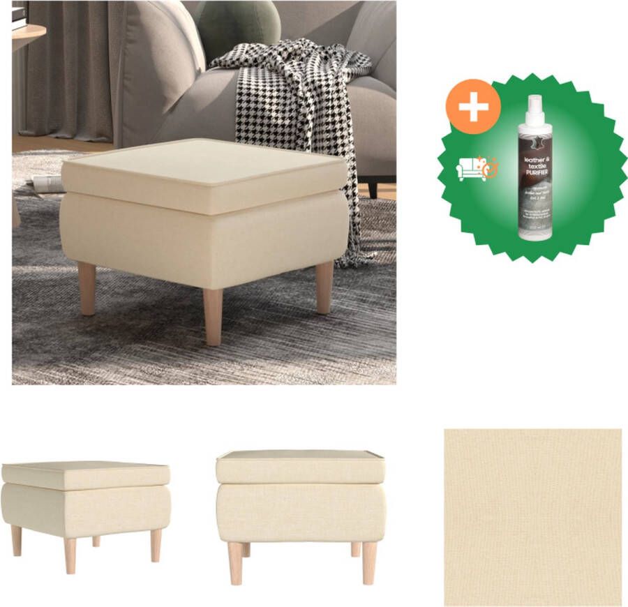 VidaXL Voetenbank Crème Stof Rubberwood 55 x 54.5 x 42 cm Ronde houten poten Krukje Inclusief Reiniger