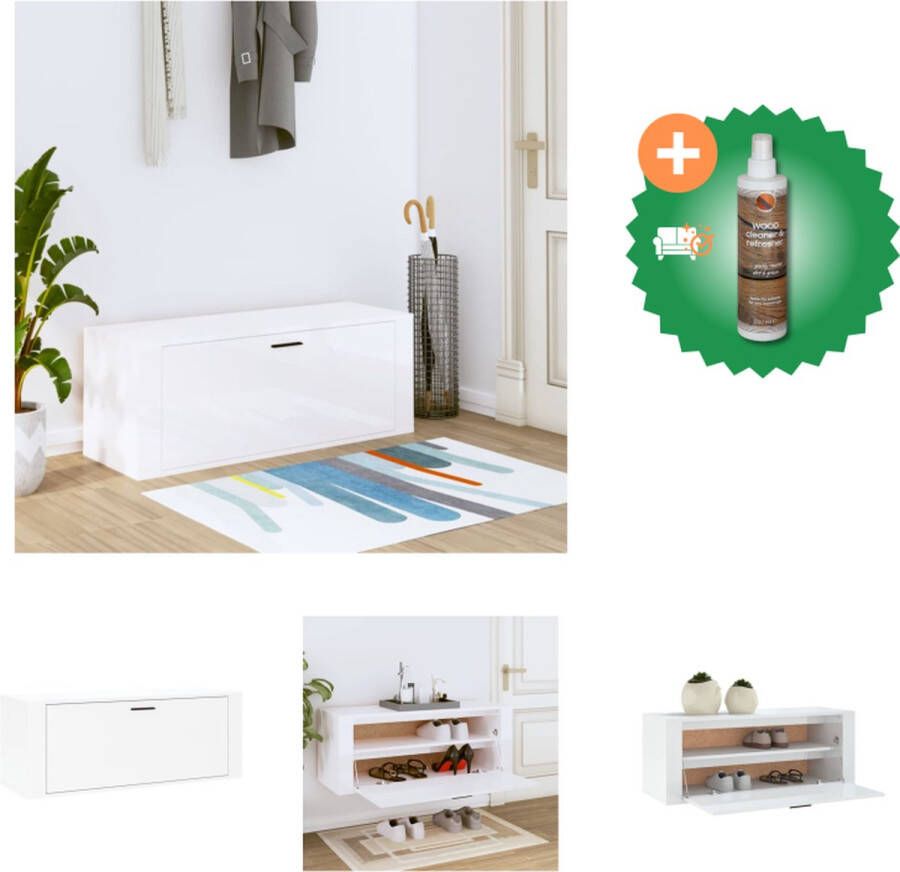 VidaXL Wandschoenenkast 100x35x38 cm bewerkt hout hoogglans wit Schoenenkast Inclusief Houtreiniger en verfrisser