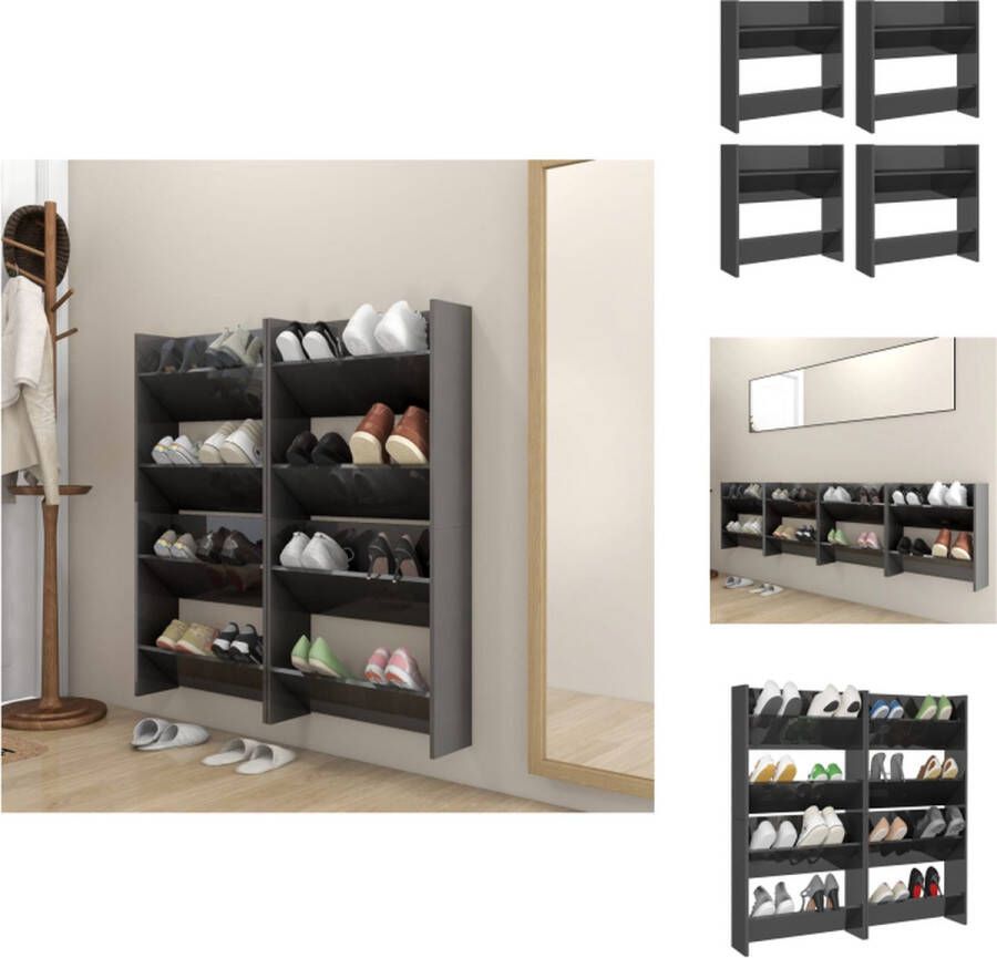 VidaXL Wandschoenenkast Wandschoenenkasten Wandkast Voor Schoenen Wandkasten Voor Schoenen Wandschoenenkasten 4 st 60x18x60 cm spaanplaat hoogglans grijs - Foto 2