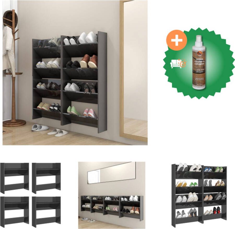 VidaXL Wandschoenenkasten 4 st 60x18x60 cm spaanplaat hoogglans grijs Schoenenkast Inclusief Houtreiniger en verfrisser