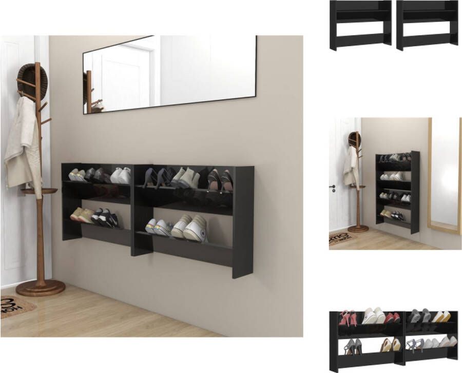 VidaXL Wandschoenenkast Wandschoenenkasten Wandkast Voor Schoenen Wandkasten Voor Schoenen Wandschoenenkasten 2 st 80x18x60 cm spaanplaat hoogglans zwart - Foto 2