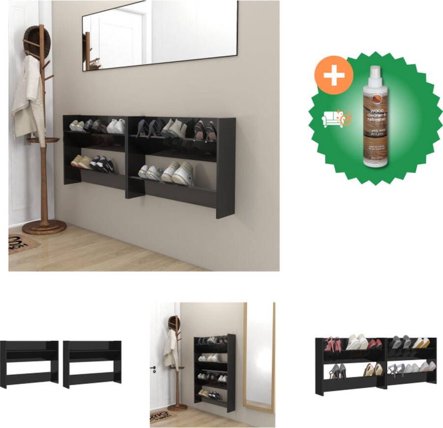 VidaXL Wand Schoenenkast Hoogglans Zwart 80x18x60 cm 2 Schuine Schappen Spaanplaat Schoenenkast Inclusief Houtreiniger en verfrisser