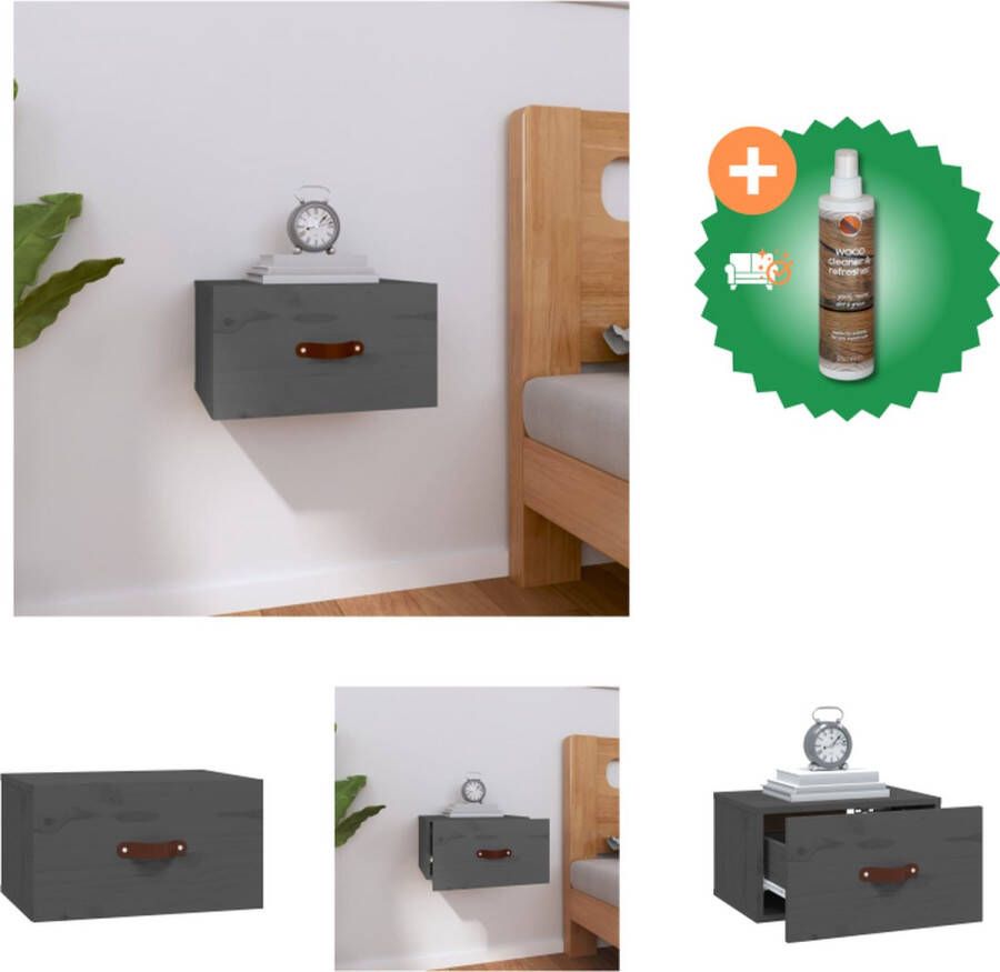 VidaXL Wandgemonteerd Nachtkastje Bedkastje Grijs 40x29.5x22cm Massief Grenenhout Kast Inclusief Houtreiniger en verfrisser