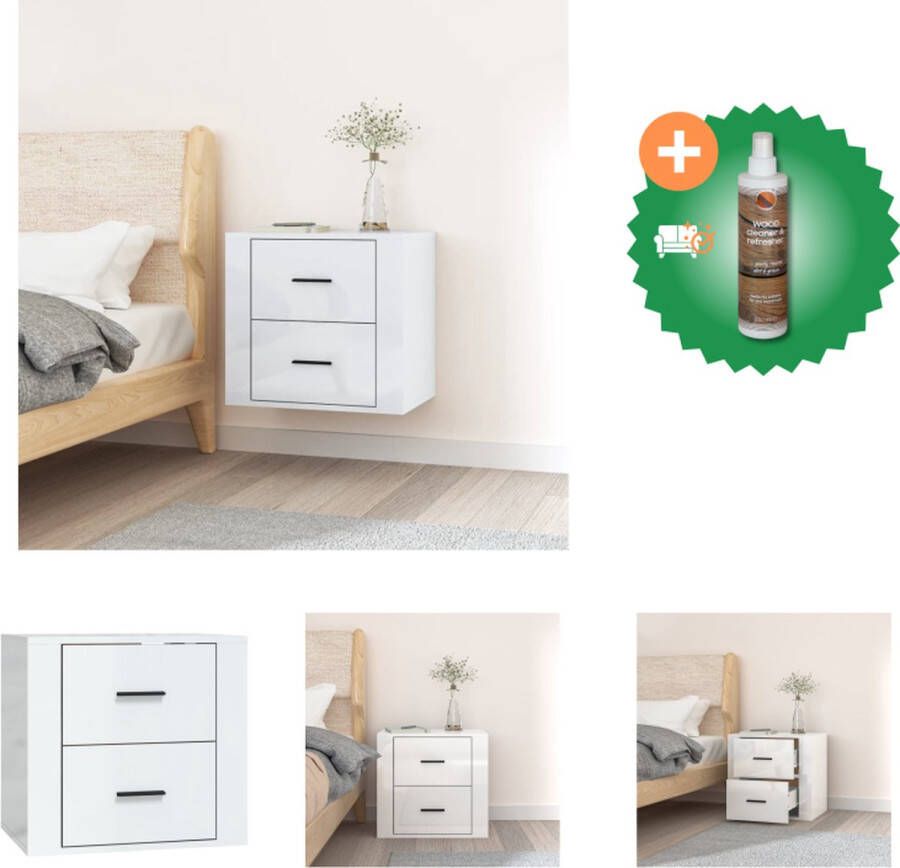 VidaXL Wandgemonteerd Nachtkastje Hoogglans Wit 50 x 36 x 47 cm Bewerkt Hout Kast Inclusief Houtreiniger en verfrisser