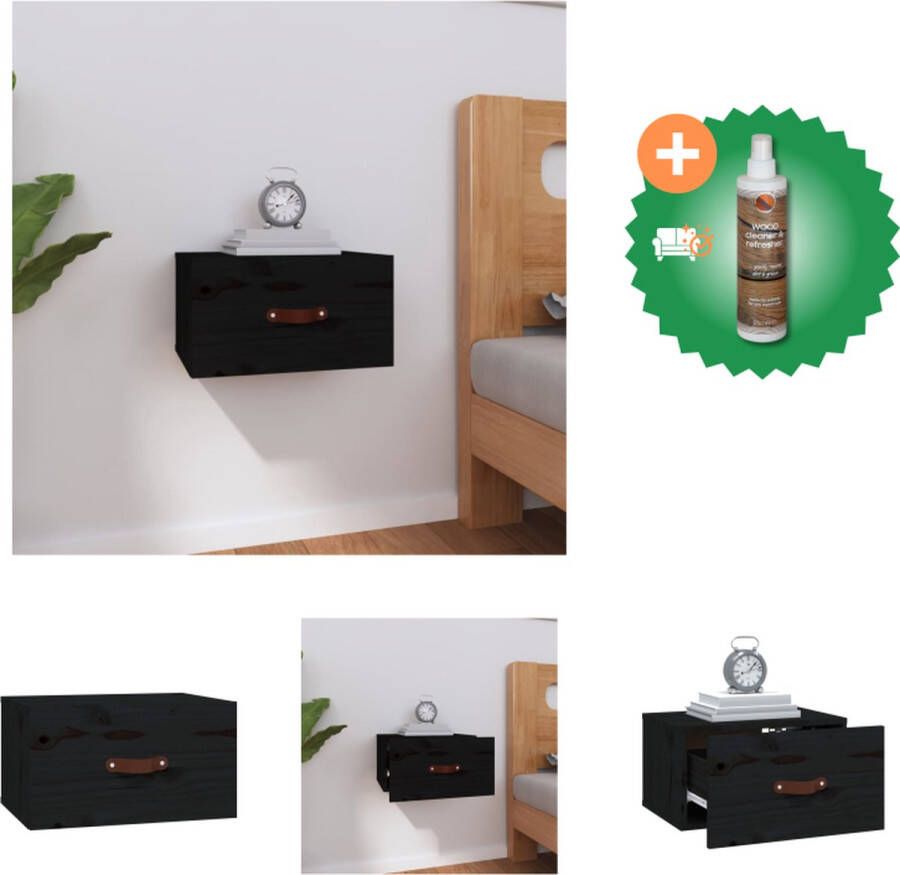 VidaXL Wandgemonteerd Nachtkastje Massief Grenenhout 40 x 29.5 x 22 cm Zwart Kast Inclusief Houtreiniger en verfrisser
