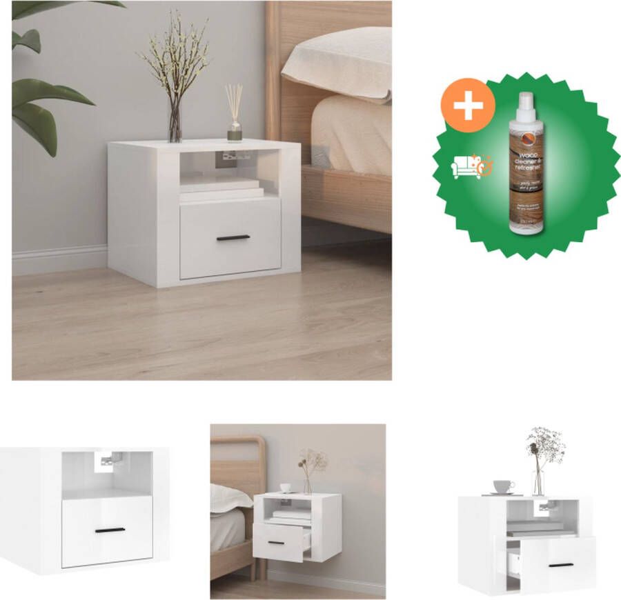 VidaXL Wandgemonteerde Nachtkastje Hoogglans Wit 50x36x40cm Duurzaam Hout Kast Inclusief Houtreiniger en verfrisser