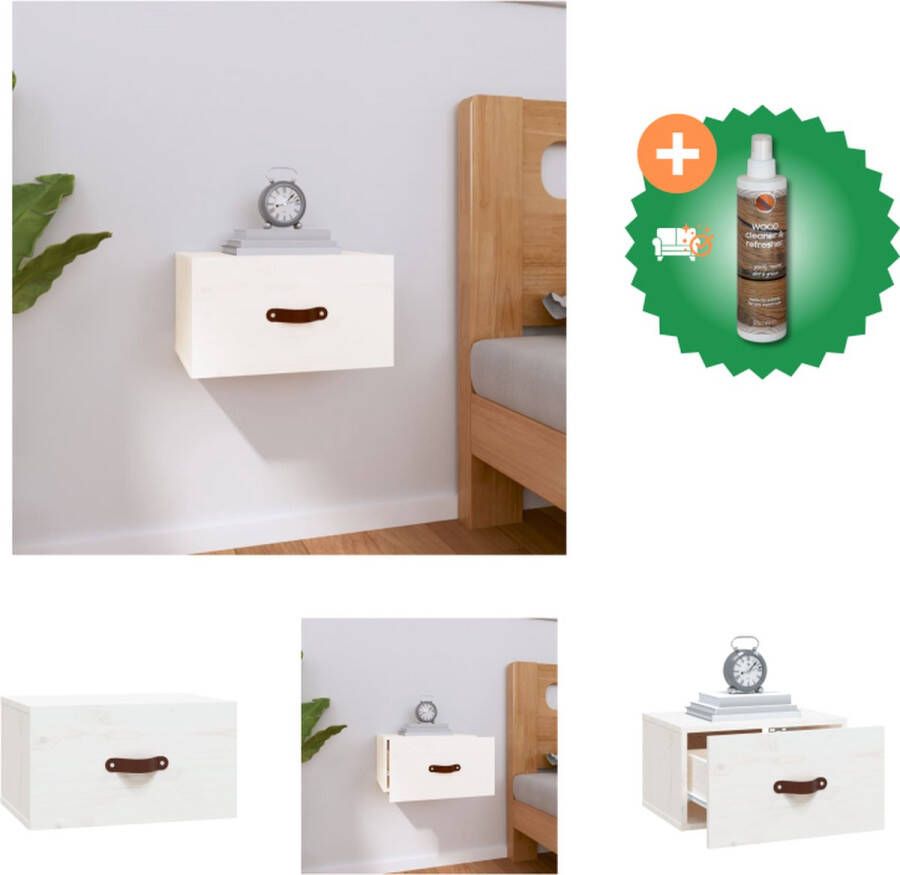 VidaXL Wandgemonteerde nachtkastje Massief grenenhout 40 x 29.5 x 22 cm Wit Kast Inclusief Houtreiniger en verfrisser