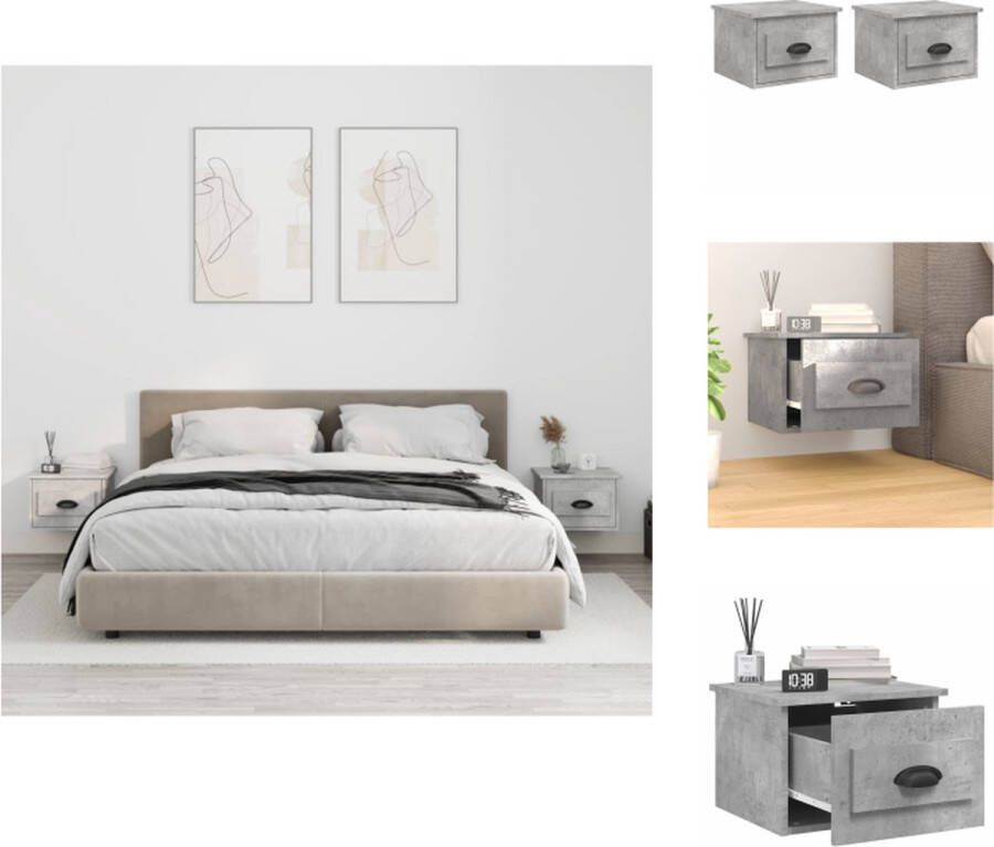VidaXL Wandgemonteerde Nachtkastjes Betongrijs 41.5 x 36 x 28 cm Duurzaam materiaal Voldoende opbergruimte Wandgemonteerde functie Stabiel tafelblad Handleiding inbegrepen 2x nachtkastje Kast - Foto 2