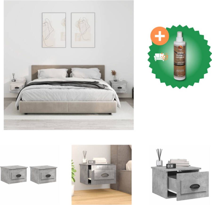 VidaXL Wandgemonteerde Nachtkastjes Betongrijs 41.5 x 36 x 28 cm Duurzaam materiaal Voldoende opbergruimte Wandgemonteerde functie Stabiel tafelblad Handleiding inbegrepen 2x nachtkastje Kast Inclusief Houtreiniger en verfrisser