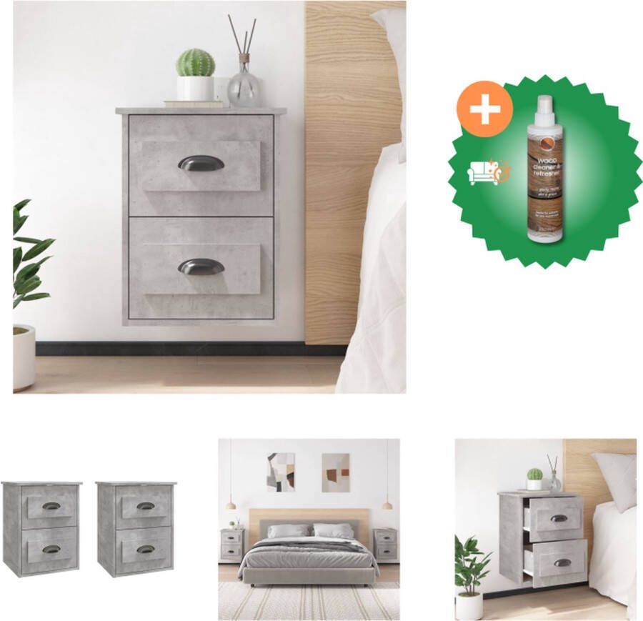VidaXL Wandgemonteerde Nachtkastjes Betongrijs 41.5 x 36 x 53 cm Twee stuks Kast Inclusief Houtreiniger en verfrisser