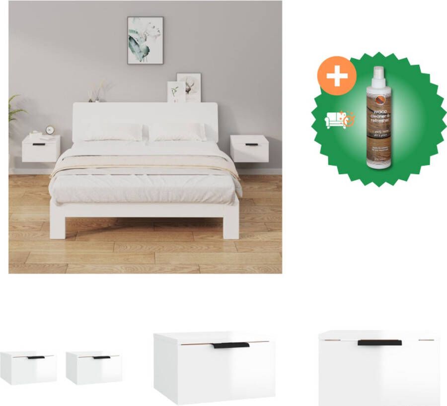 VidaXL Wandgemonteerde Nachtkastjes Hoogglans Wit 34 x 30 x 20 cm Met Opbergruimte Set van 2 Kast Inclusief Houtreiniger en verfrisser