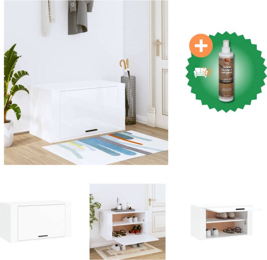 VidaXL Wandgemonteerde Schoenenkast Hout 70 x 35 x 38 cm Hoogglans Wit Schoenenkast Inclusief Houtreiniger en verfrisser