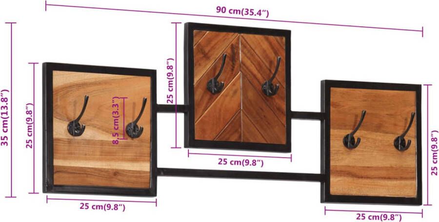 VidaXL -Wandkapstok-90x1x35-cm-massief-acaciahout-en-ijzer - Foto 2