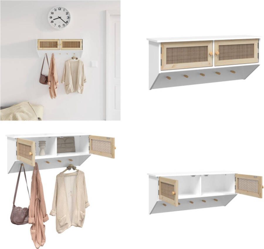 VidaXL Wandkapstok bewerkt hout en natuurlijk rattan wit Kapstok Kapstokken Wandrek Houten Kapstok