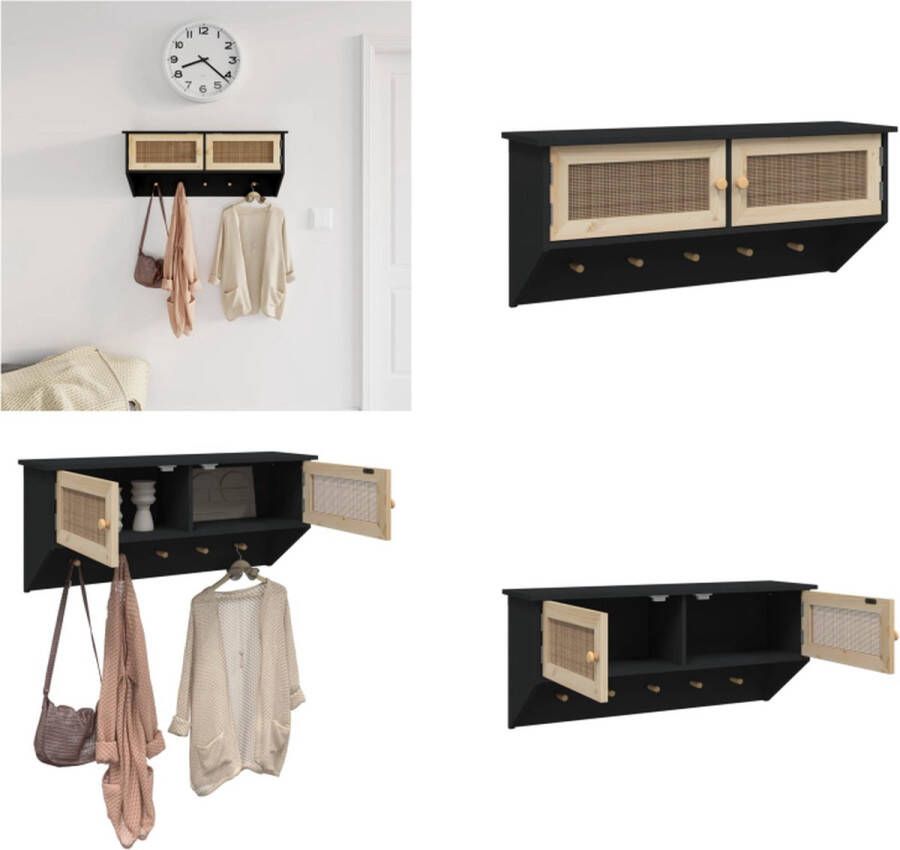 VidaXL Wandkapstok bewerkt hout en natuurlijk rattan zwart Kapstok Kapstokken Wandrek Houten Kapstok