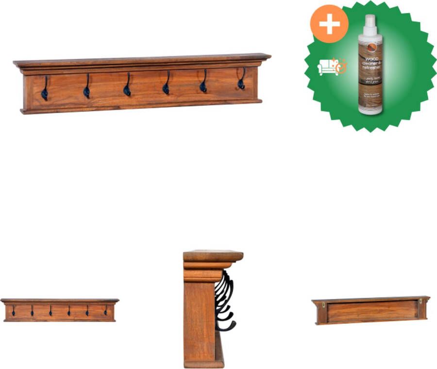 VidaXL Wandkapstok Massief Teakhout 100x10x20 cm 6 Haken Natuurlijke Olieafwerking Kapstok Inclusief Houtreiniger en verfrisser
