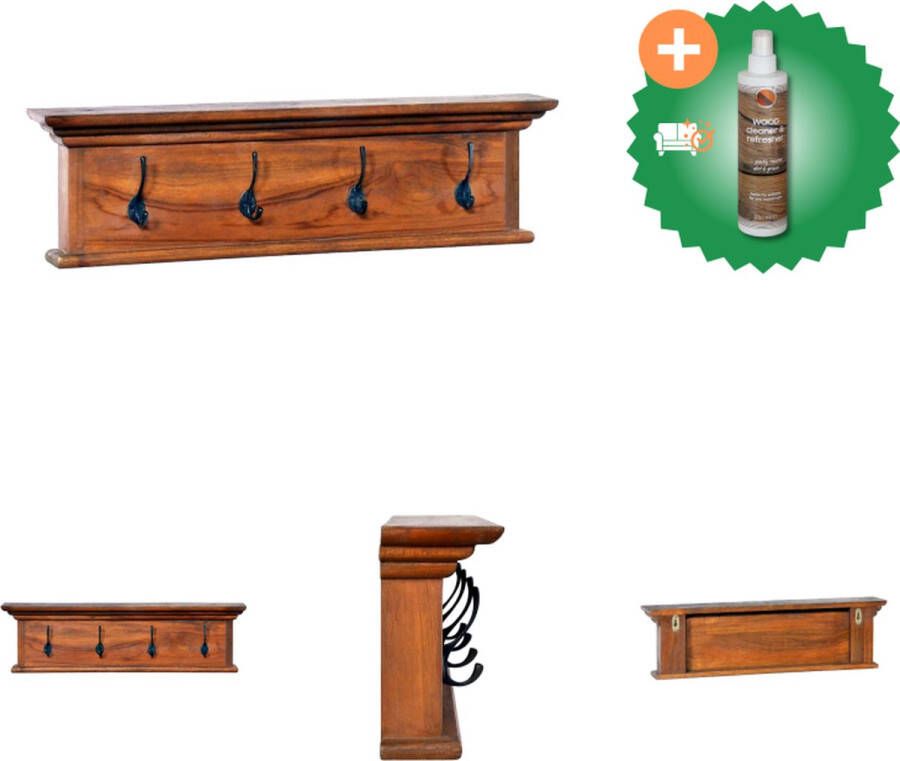VidaXL Wandkapstok Massief Teakhout 70 x 10 x 20 cm 4 haken Natuurlijke olieafwerking Kapstok Inclusief Houtreiniger en verfrisser