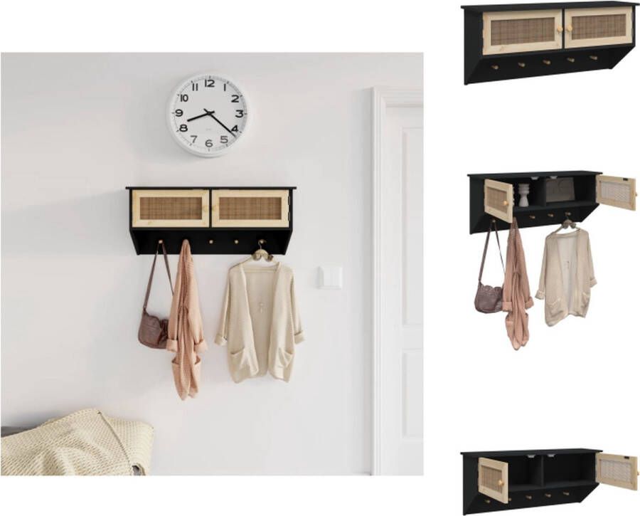 VidaXL Wandkapstok Scandinavisch 2-in-1 opbergruimte 5 haken Duurzaam hout Stevig blad Natuurlijk rattan ontwerp Zwart 80x24x35cm Wandsteun