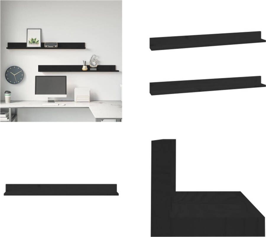 VidaXL Wandkasten 2 st 110x11x9 cm massief grenenhout zwart Wandschap Wandschappen Zwevend Schap Plank