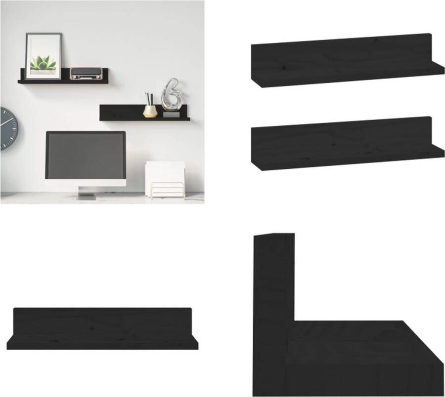 VidaXL Wandkasten 2 st 50x11x9 cm massief grenenhout zwart Wandschap Wandschappen Zwevend Schap Plank