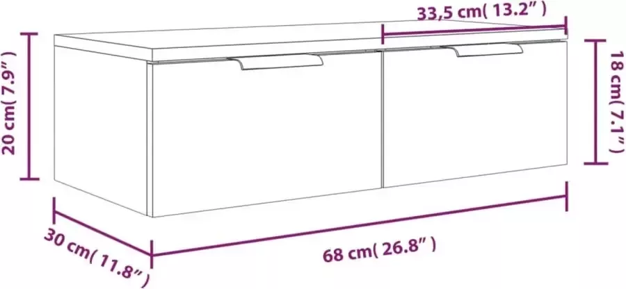 VIDAXL Wandkasten 2 st 68x30x20 cm bewerkt hout grijs sonoma eiken - Foto 3