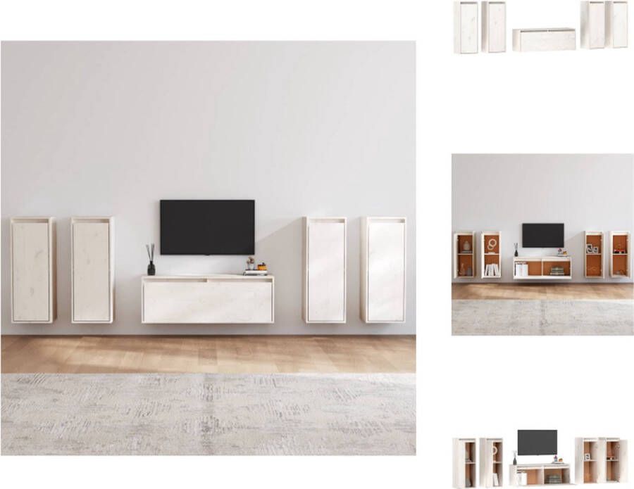 VidaXL Wandkasten Massief grenenhout Set van 5 Wit TV-meubel- 100x30x35cm Hangkast- 30x30x80cm Kast