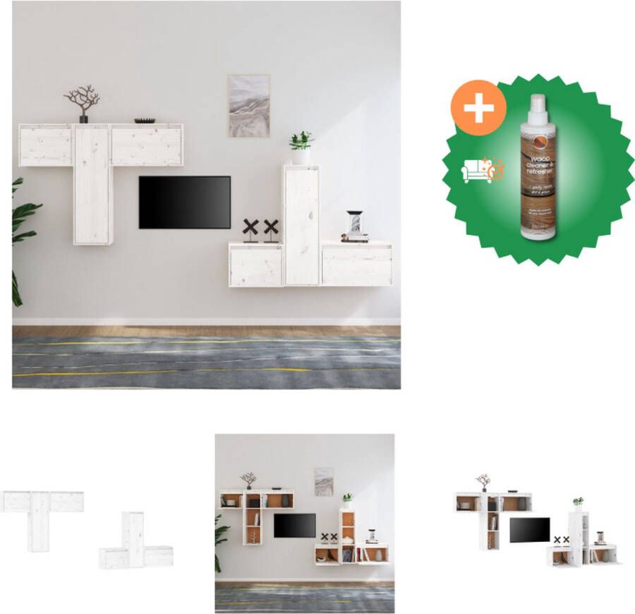 VidaXL TV meubel set hangkast massief grenenhout wit 3x 60x30x35cm 2x 45x30x35cm 1x 30x30x80cm Kast Inclusief Houtreiniger en verfrisser - Foto 2