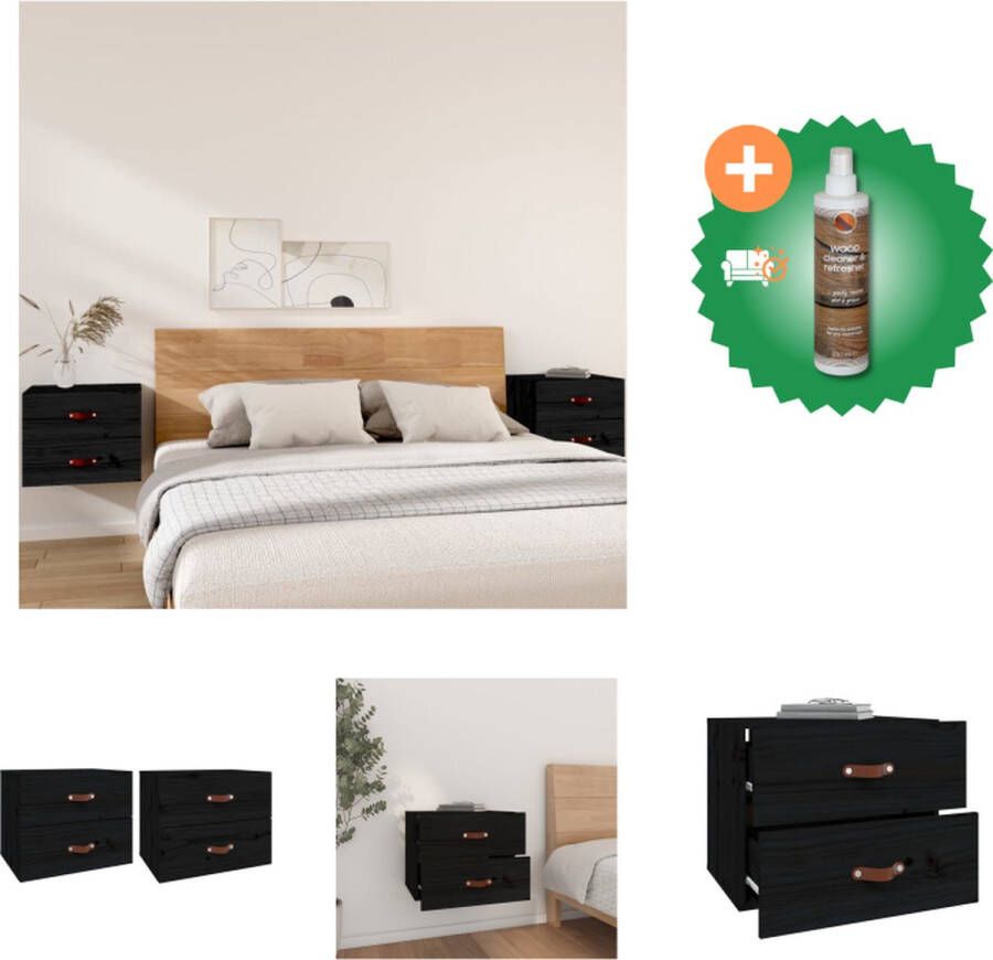 VidaXL Wandnachtkastje 50 x 36 x 40 cm Massief grenenhout zwart (Set van 2) Kast Inclusief Houtreiniger en verfrisser - Foto 2