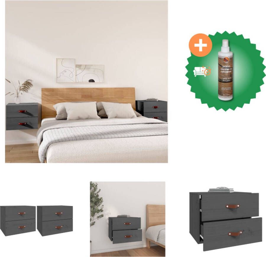 VidaXL Wandnachtkastje Grenenhout 50 x 36 x 40 cm Grijs Set van 2 Kast Inclusief Houtreiniger en verfrisser