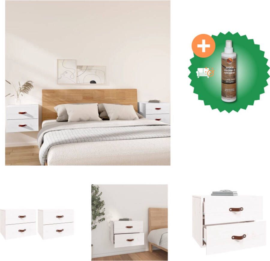 VidaXL Wandnachtkastje Massief grenenhout 50 x 36 x 40 cm Wit Kast Inclusief Houtreiniger en verfrisser
