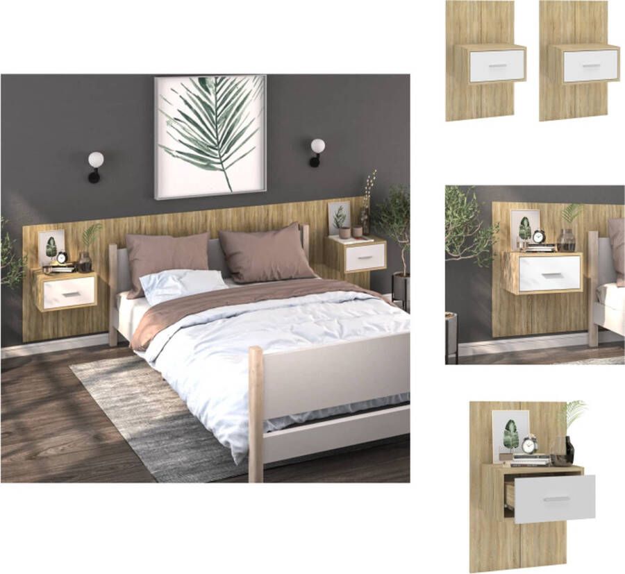 VidaXL Wandnachtkastje Wandnachtkastjes Wandgemonteerd Nachtkastje Wandgemonteerd Bedkastje Nachtkastjes 2 st wandgemonteerd wit en sonoma eikenkleurig - Foto 2