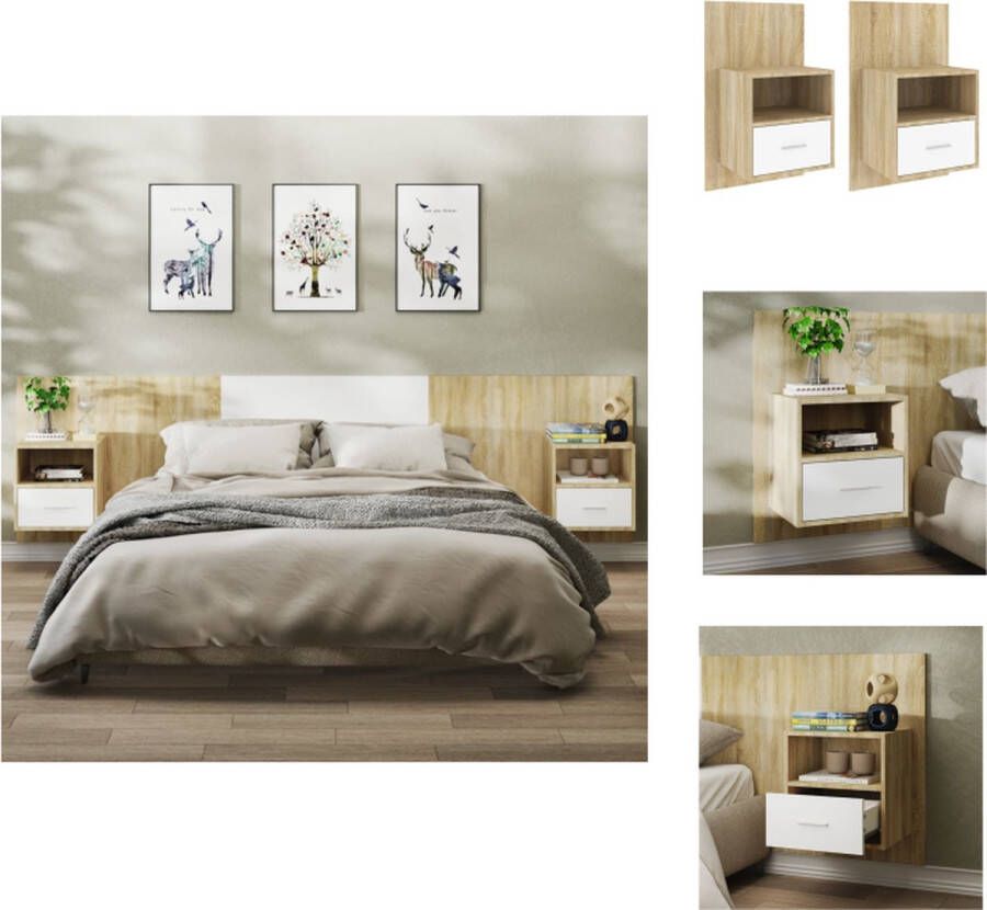 VidaXL Wandnachtkastje Wandnachtkastjes Wandgemonteerd Nachtkastje Wandgemonteerd Bedkastje Nachtkastjes 2 st wandgemonteerd wit en sonoma eikenkleurig - Foto 3