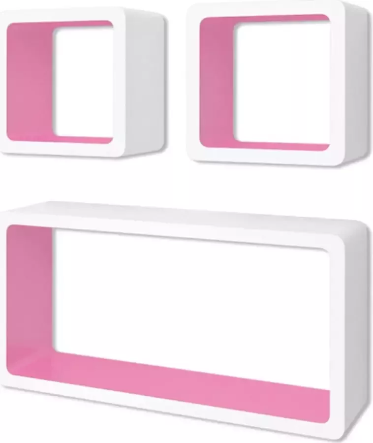 VIDAXL Wandplanken kubus MDF zwevend opbergruimte boeken dvd 3 st wit-roze - Foto 2